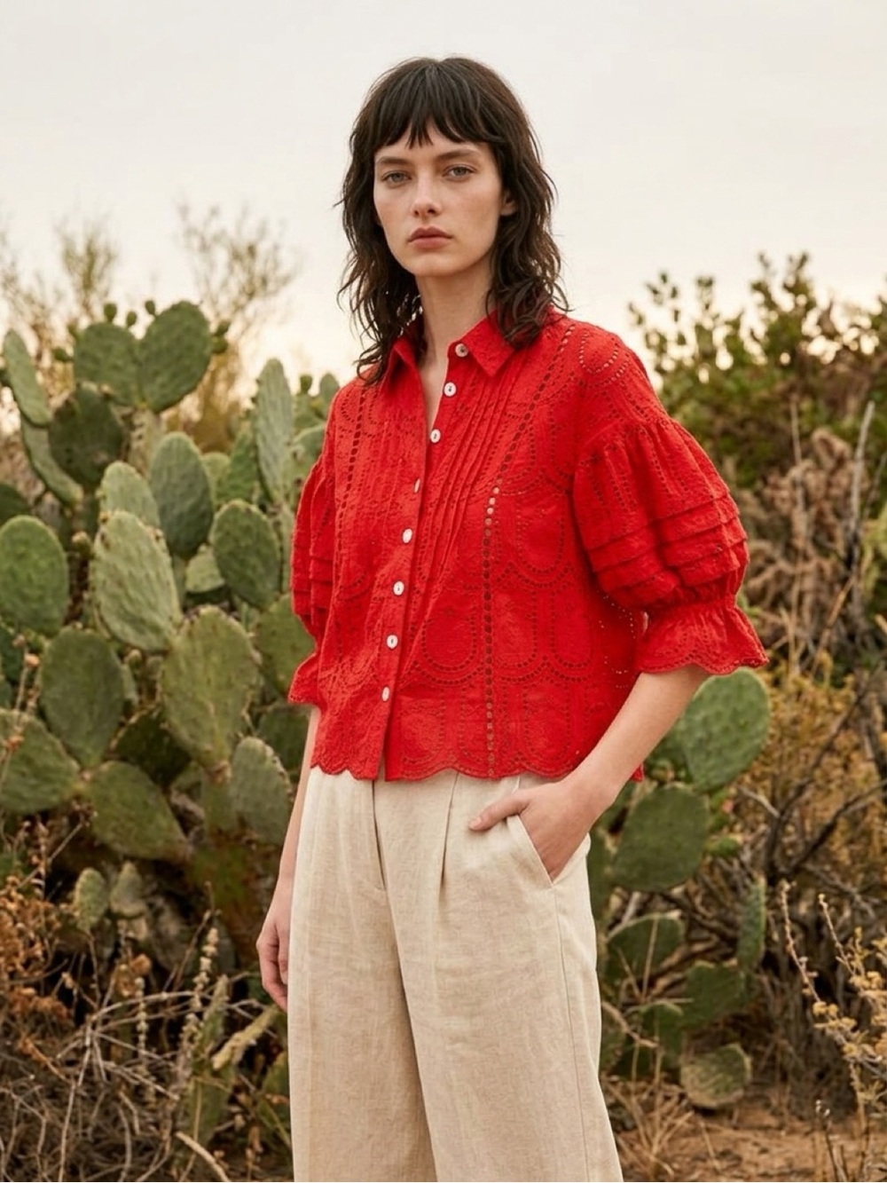 FARM Rio Red Eyelet Button-Front Puff Sleeve Blouse with Matching Red Camisole